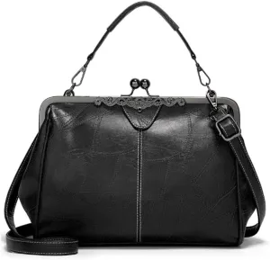 Women Retro Purse Kiss-lock Top-handle Satchel PU Leather Shoulder Handbag Tote