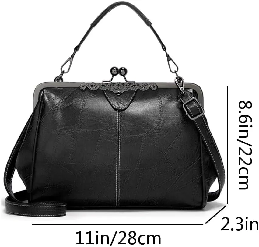 Women Retro Purse Kiss-lock Top-handle Satchel PU Leather Shoulder Handbag Tote