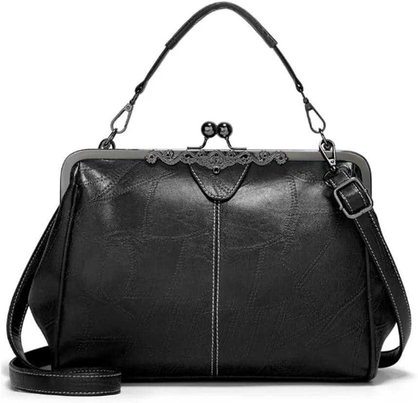 Women Retro Purse Kiss-lock Top-handle Satchel PU Leather Shoulder Handbag Tote