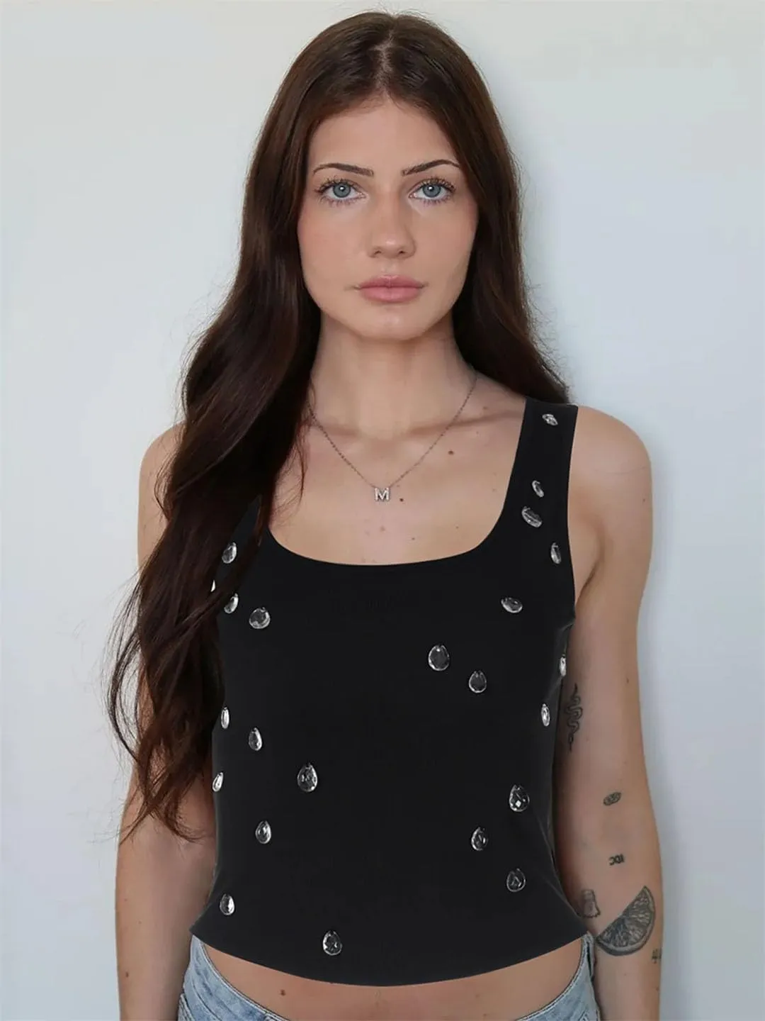 Women Ribbed Sleeveless Water Droplets Diamond Decorated Tank Sexy Casual Bodycon Top