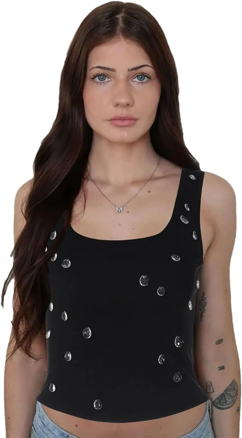 Women Ribbed Sleeveless Water Droplets Diamond Decorated Tank Sexy Casual Bodycon Top