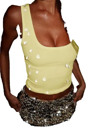Women Ribbed Sleeveless Water Droplets Diamond Decorated Tank Sexy Casual Bodycon Top