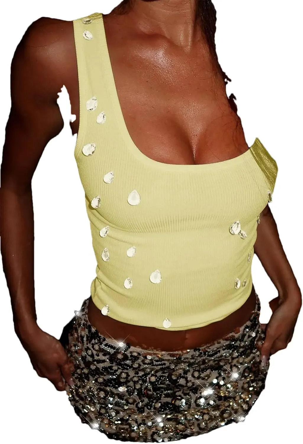Women Ribbed Sleeveless Water Droplets Diamond Decorated Tank Sexy Casual Bodycon Top