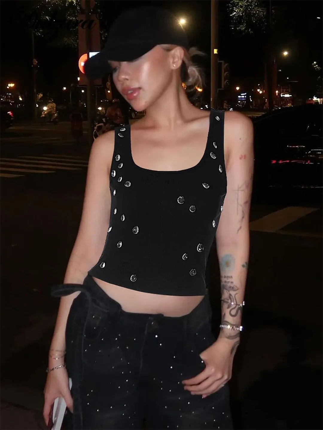 Women Ribbed Sleeveless Water Droplets Diamond Decorated Tank Sexy Casual Bodycon Top