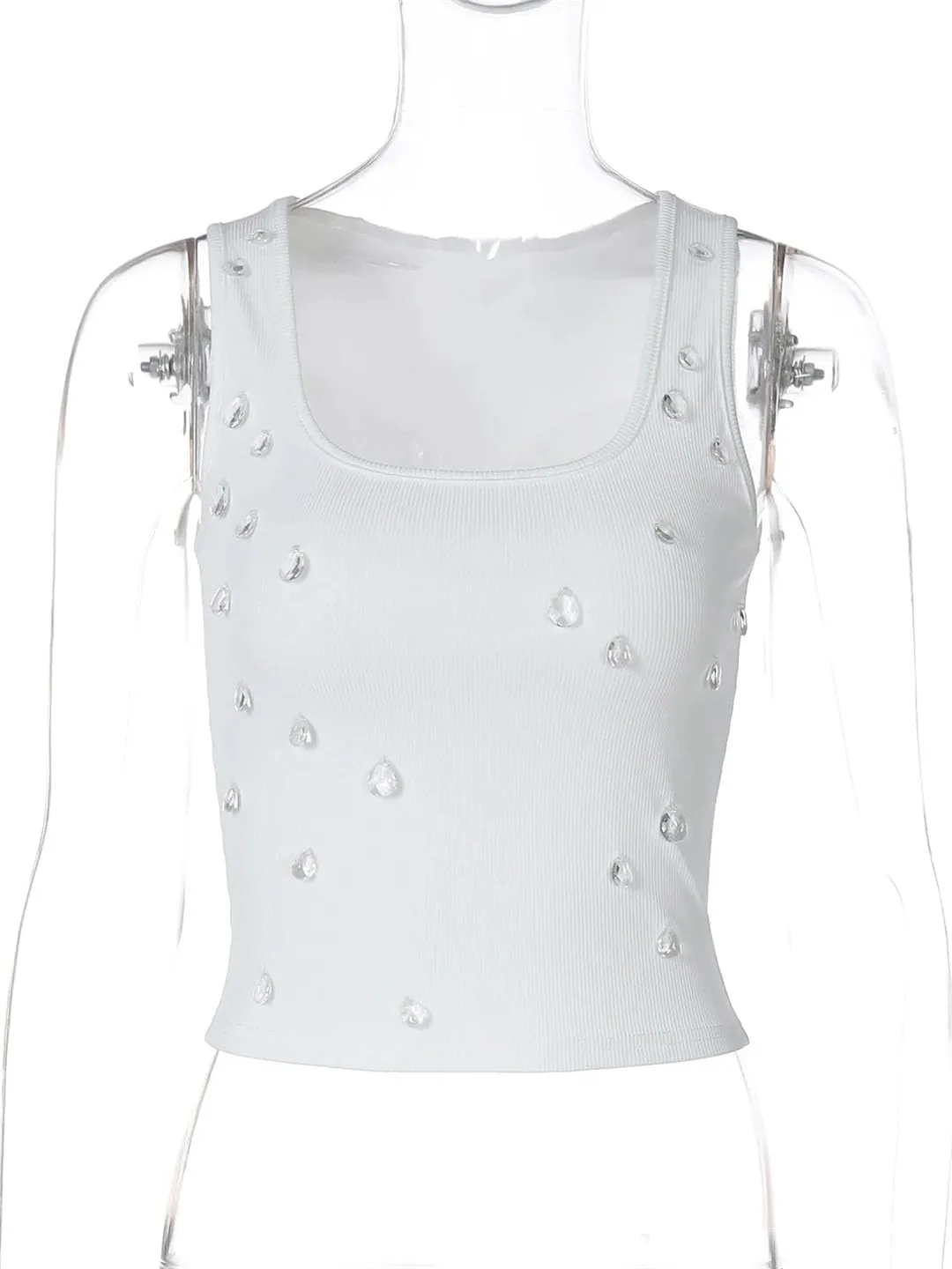 Women Ribbed Sleeveless Water Droplets Diamond Decorated Tank Sexy Casual Bodycon Top