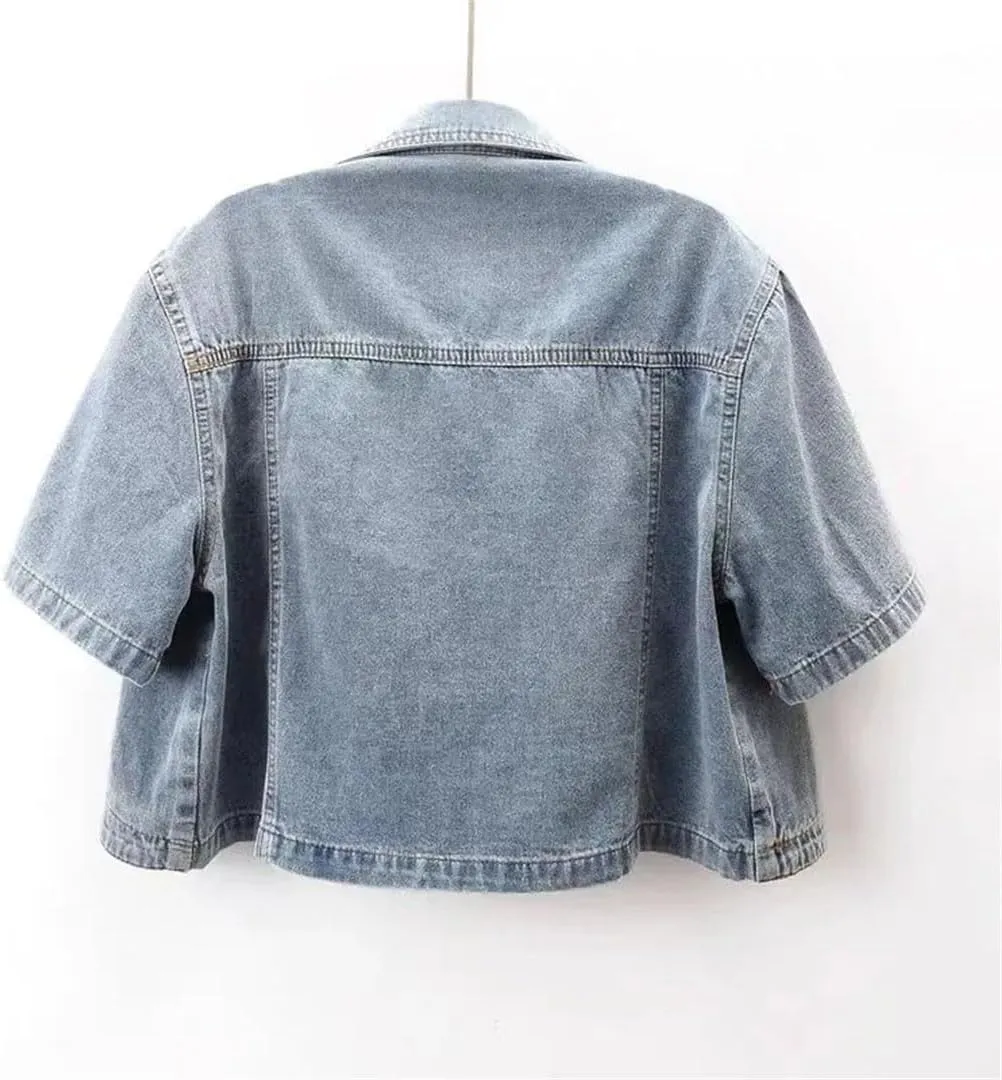 Women Short-Sleeved Denim Jacket Short Blouse Shawl Waistcoat Female Denim Jacket