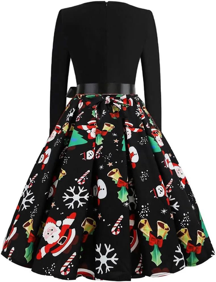 Women Vintage Christmas Dress Lace V Neck Long Sleeve Print Flared A Line Cocktail Party Swing Dress Clubwear