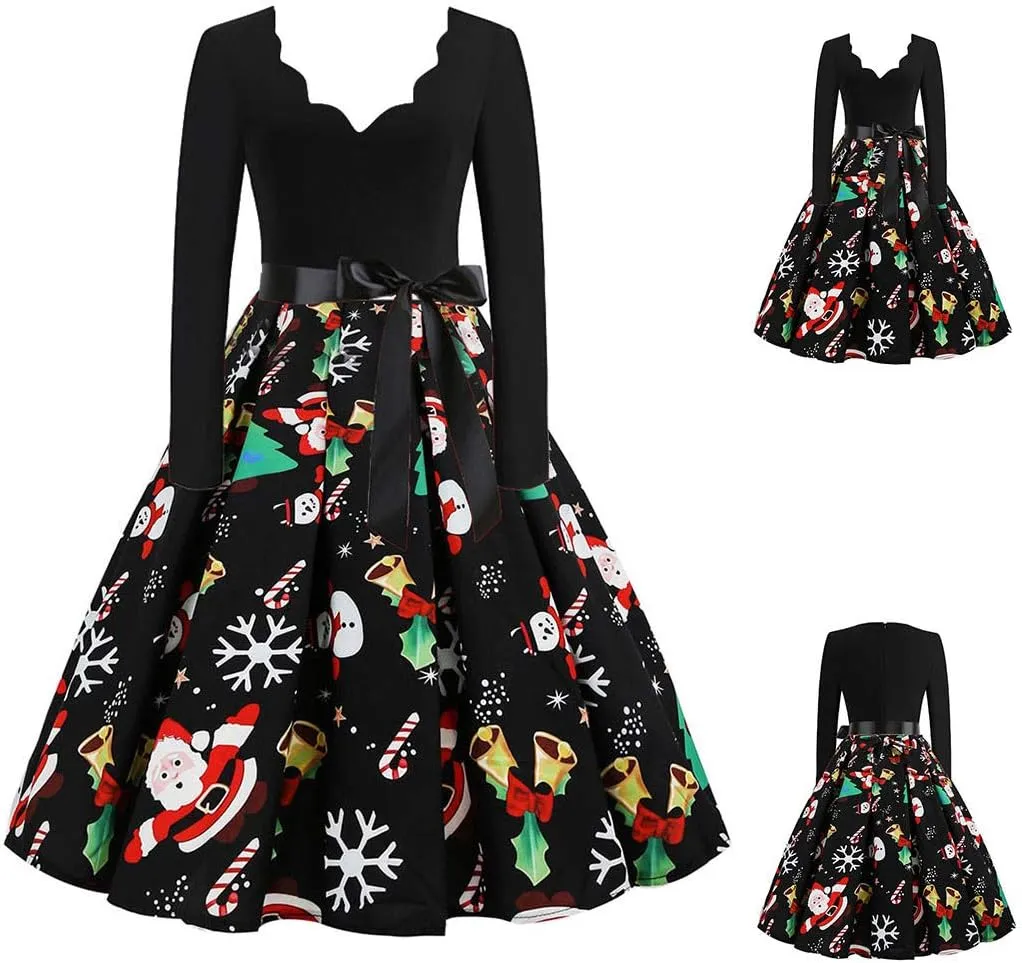 Women Vintage Christmas Dress Lace V Neck Long Sleeve Print Flared A Line Cocktail Party Swing Dress Clubwear