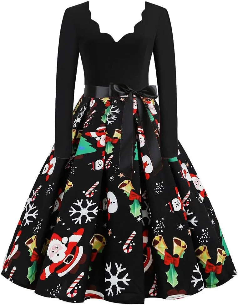 Women Vintage Christmas Dress Lace V Neck Long Sleeve Print Flared A Line Cocktail Party Swing Dress Clubwear