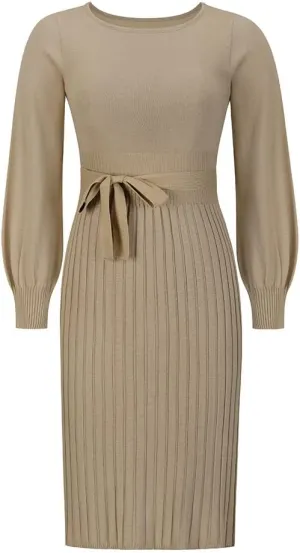 Women Winter Sweater Midi Dress Oversized Long Sleeve Crewneck Knit Wrap Dress Casual Long Pullover Dress with Belt
