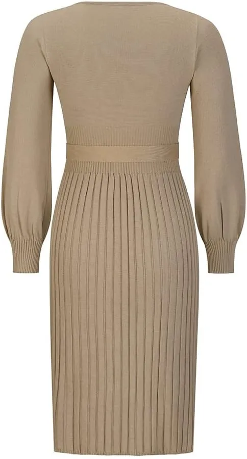 Women Winter Sweater Midi Dress Oversized Long Sleeve Crewneck Knit Wrap Dress Casual Long Pullover Dress with Belt