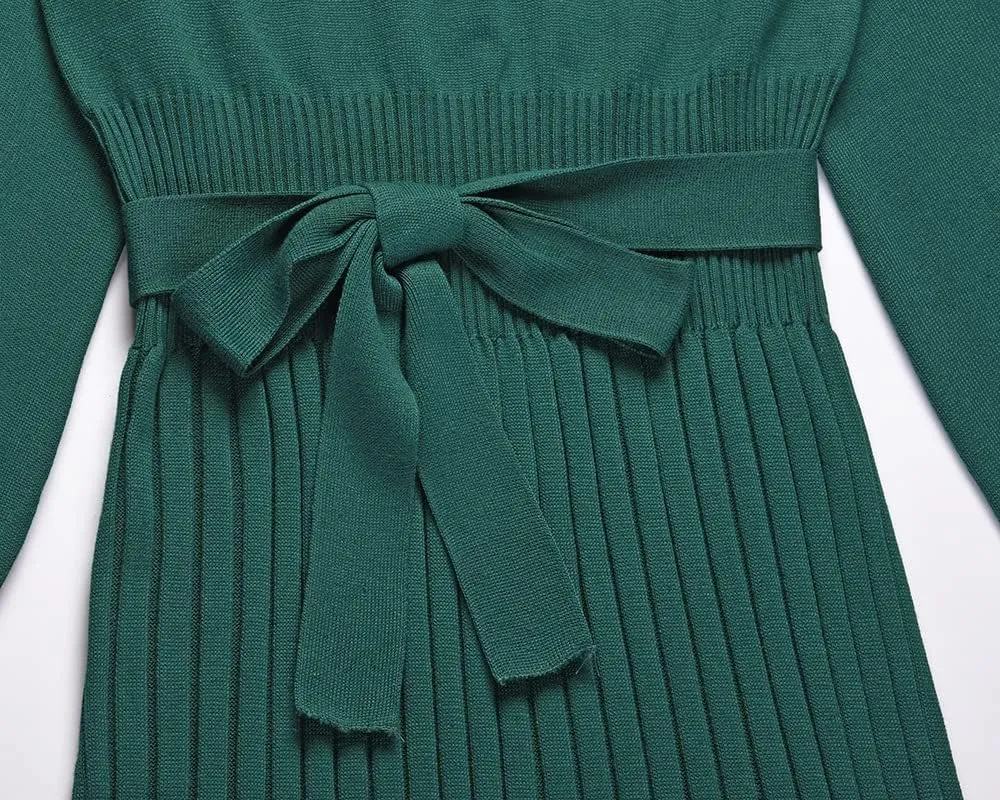 Women Winter Sweater Midi Dress Oversized Long Sleeve Crewneck Knit Wrap Dress Casual Long Pullover Dress with Belt