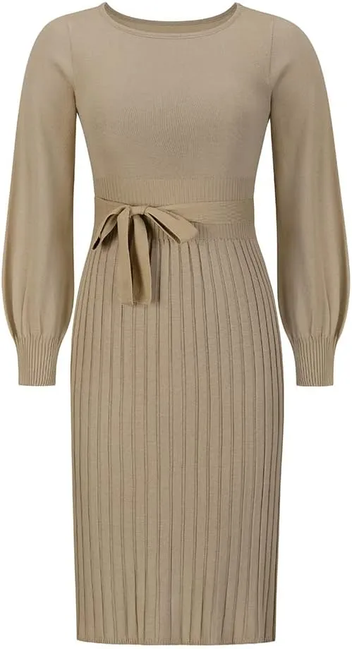 Women Winter Sweater Midi Dress Oversized Long Sleeve Crewneck Knit Wrap Dress Casual Long Pullover Dress with Belt