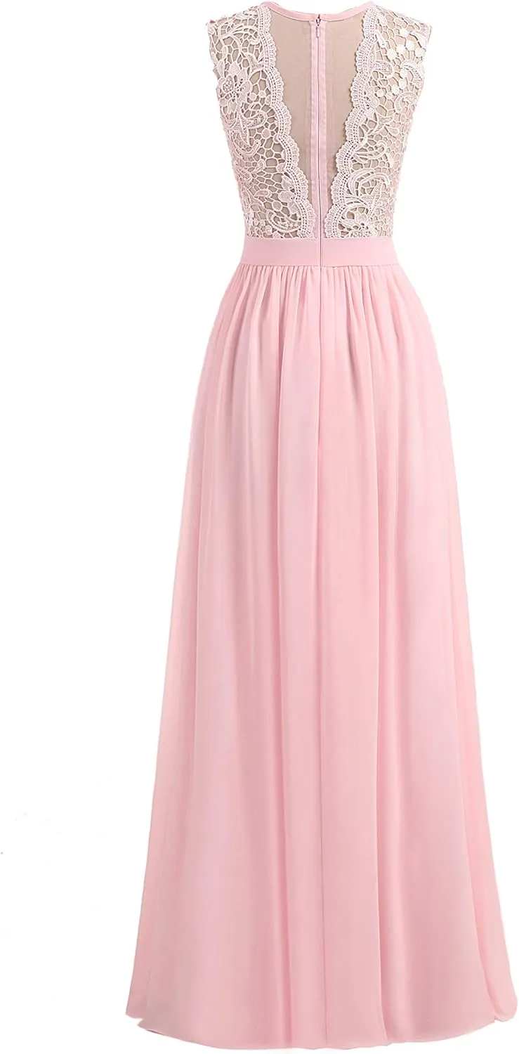 Women's A-line Lace Top Chiffon Bottom Wedding Party Bridesmaid Dress Long