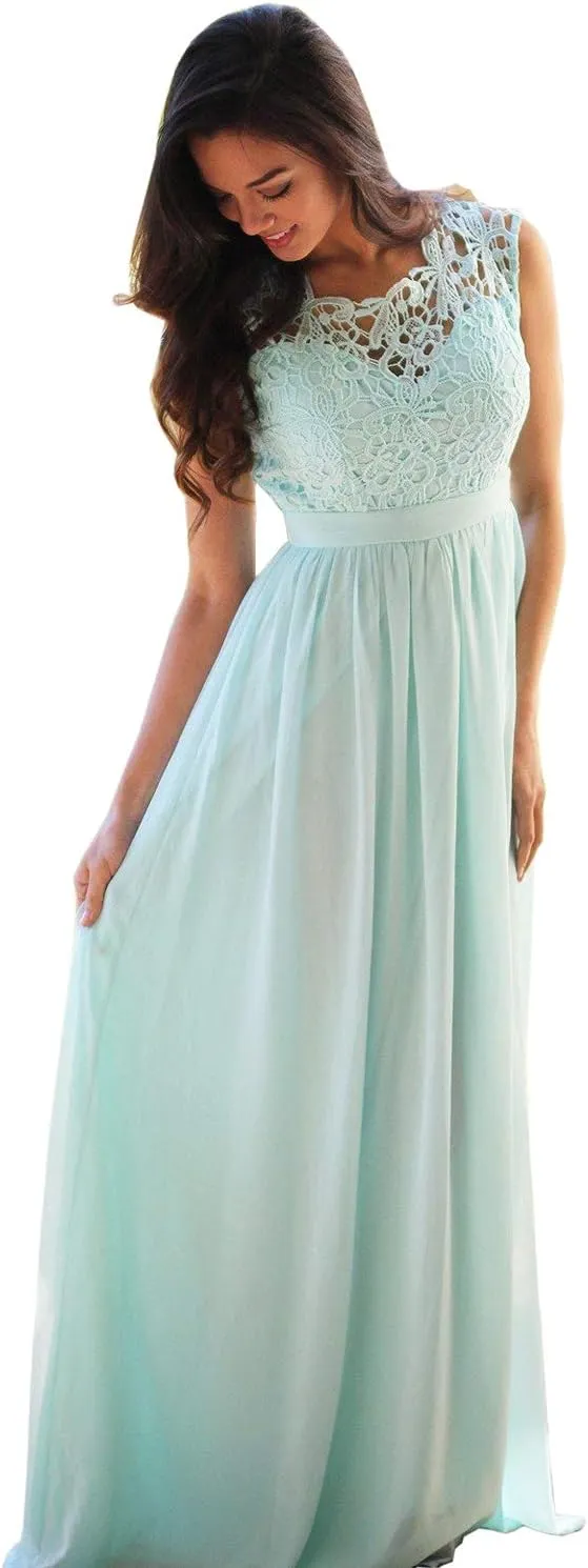 Women's A-line Lace Top Chiffon Bottom Wedding Party Bridesmaid Dress Long