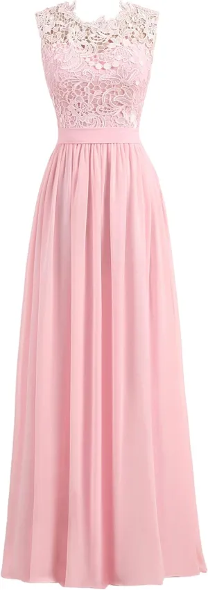 Women's A-line Lace Top Chiffon Bottom Wedding Party Bridesmaid Dress Long