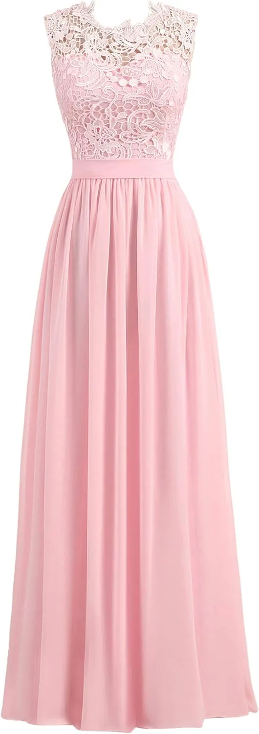 Women's A-line Lace Top Chiffon Bottom Wedding Party Bridesmaid Dress Long