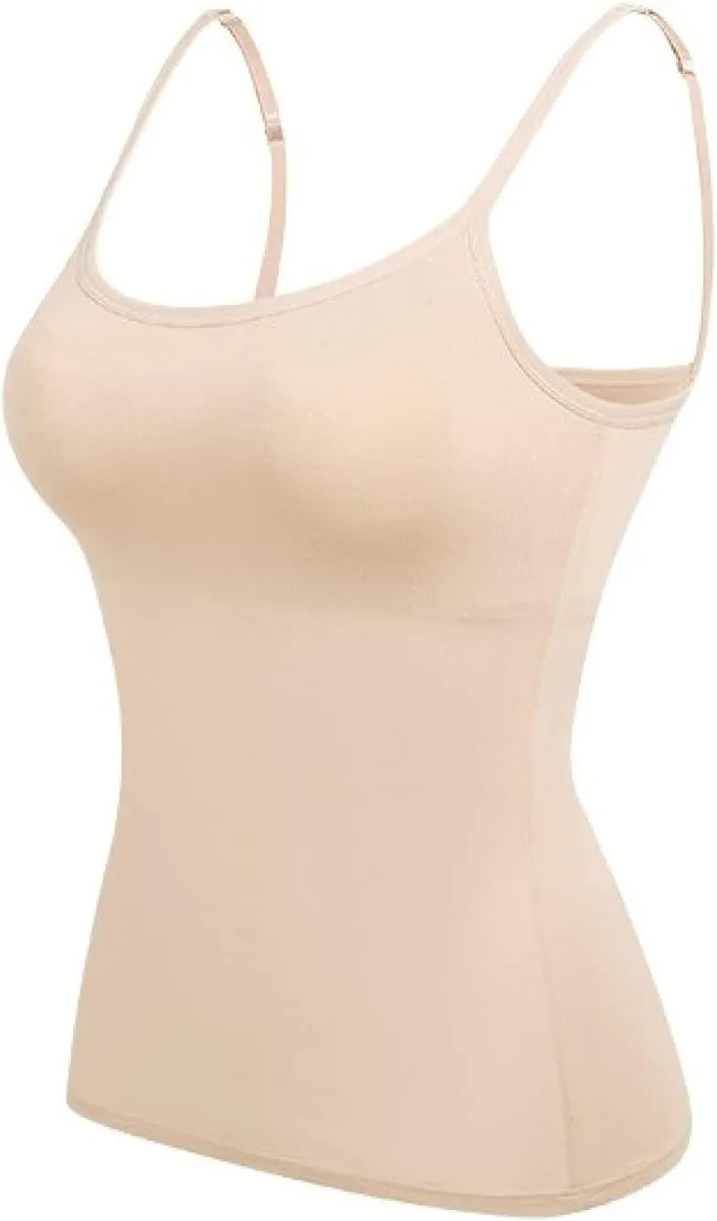Womens Basic Camisole Spaghetti Strap Tank Top with Built in Padded Bra