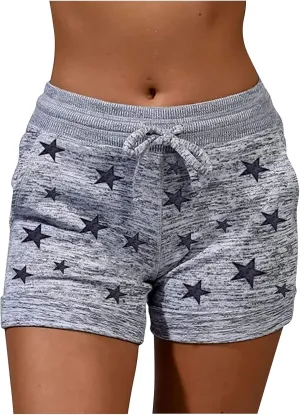 Womens Beach Sport Short Summer Trendy Elastic Slim Drawstring Star Print Short Pants Sport Casual Yoga Short Trouser