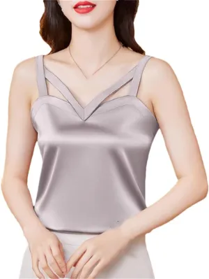 Women's Black Camisole Shirt Casual Satin Vest Sleeveless Hollow Top Gray XL