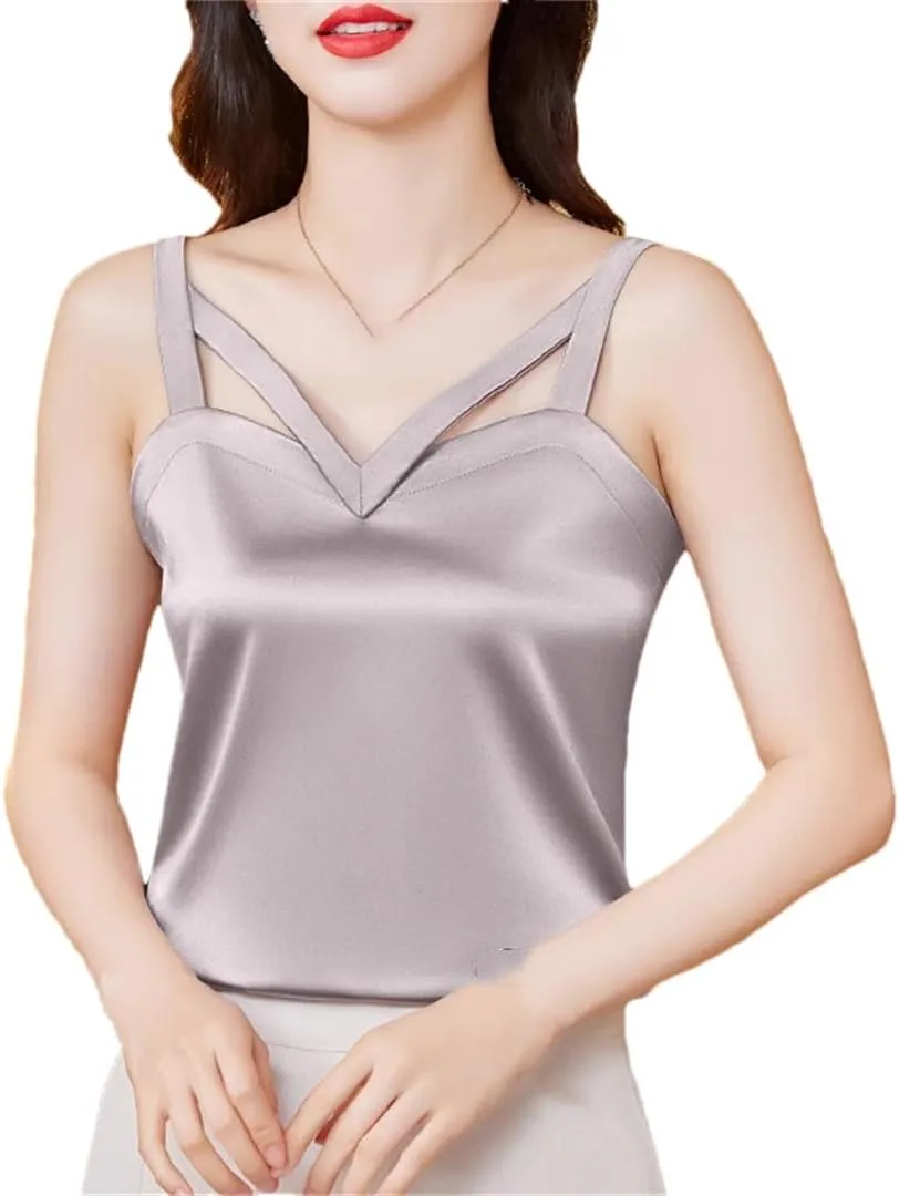 Women's Black Camisole Shirt Casual Satin Vest Sleeveless Hollow Top Gray XL