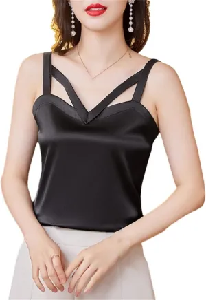 Women's Camisole Shirt Spring and Summer Silk Satin Vest Sleeveless Hollow Top