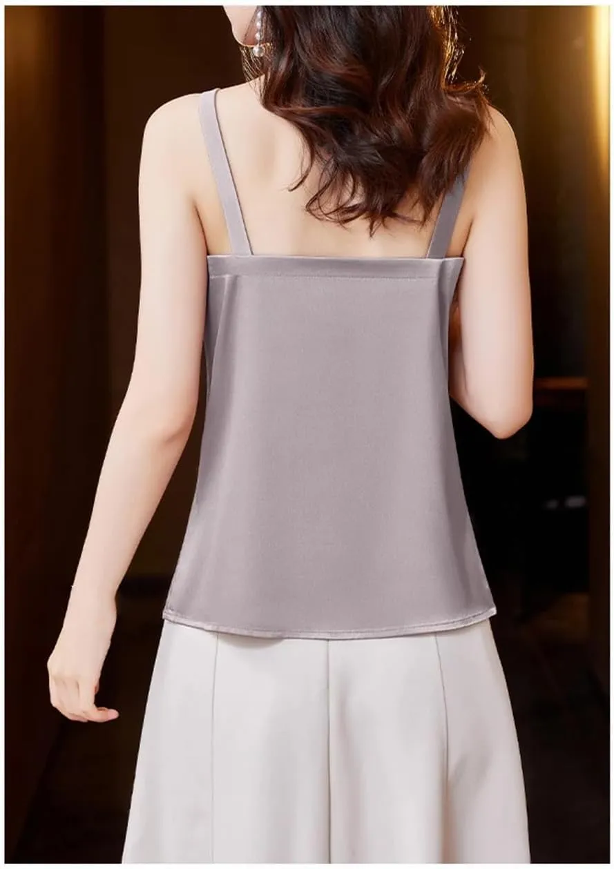 Women's Camisole Shirt Spring and Summer Silk Satin Vest Sleeveless Hollow Top