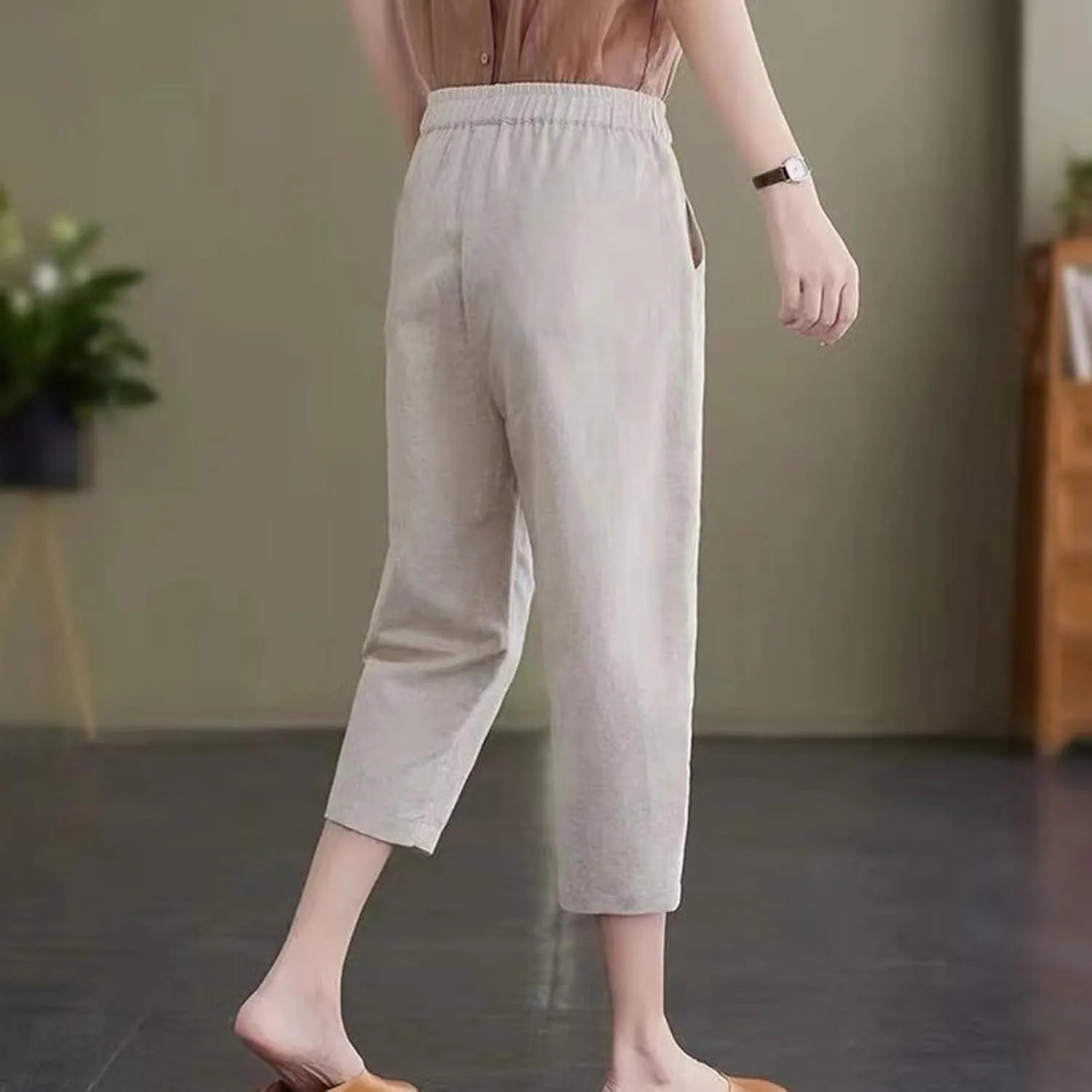 Womens Capri Pants Summer Elastic Waist Pants Dressy Casual Straight Wide Leg High Waisted Pockets Cropped Trouser