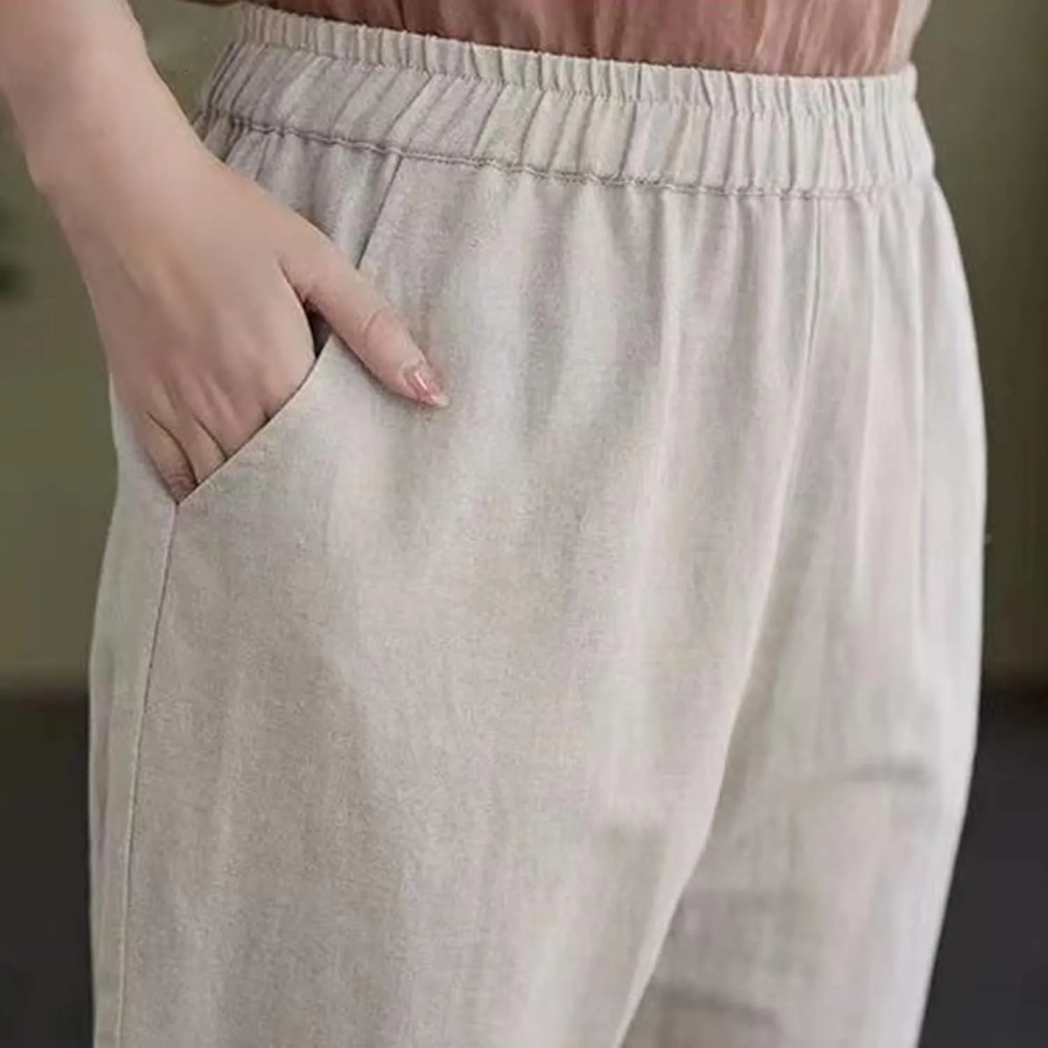 Womens Capri Pants Summer Elastic Waist Pants Dressy Casual Straight Wide Leg High Waisted Pockets Cropped Trouser