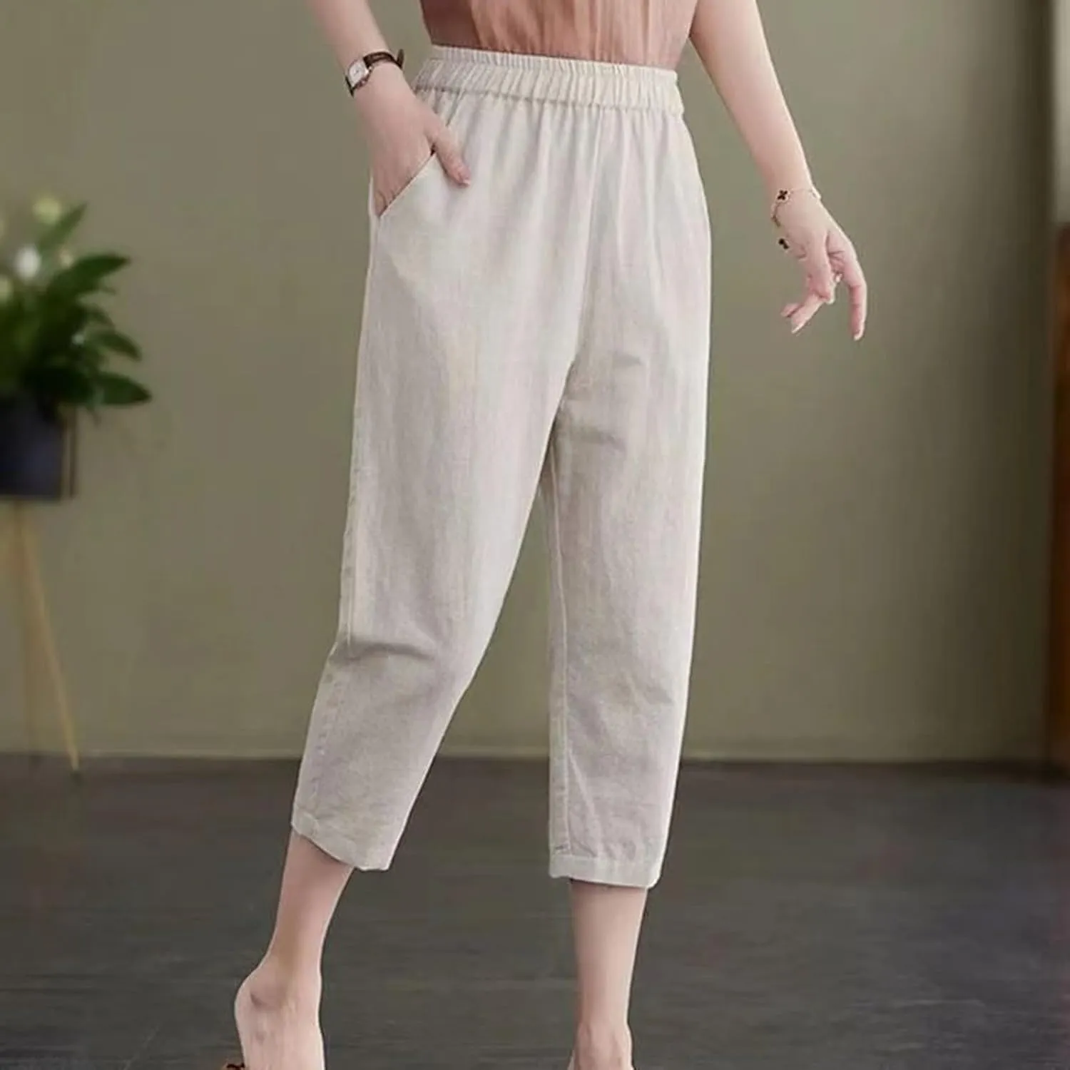 Womens Capri Pants Summer Elastic Waist Pants Dressy Casual Straight Wide Leg High Waisted Pockets Cropped Trouser