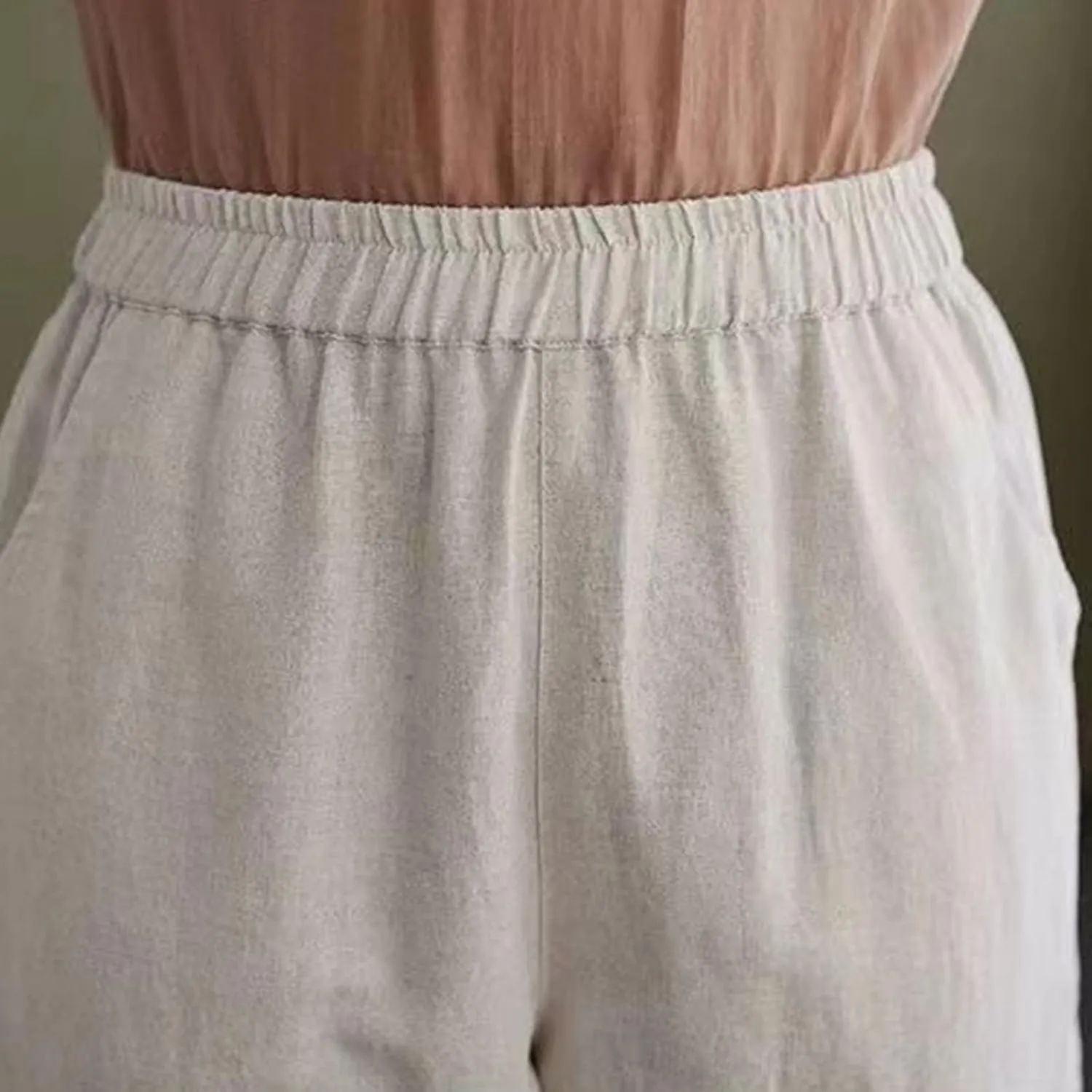 Womens Capri Pants Summer Elastic Waist Pants Dressy Casual Straight Wide Leg High Waisted Pockets Cropped Trouser
