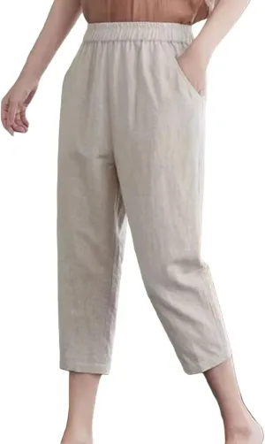 Womens Capri Pants Summer Elastic Waist Pants Dressy Casual Straight Wide Leg High Waisted Pockets Cropped Trouser