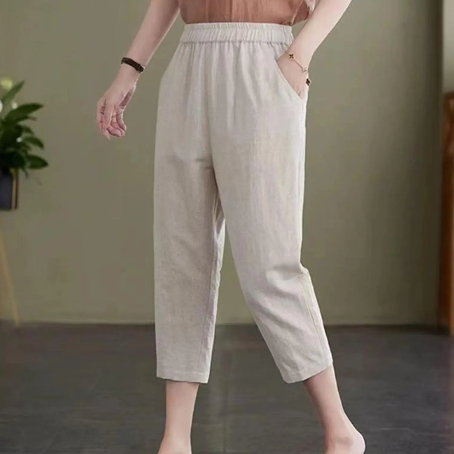 Womens Capri Pants Summer Elastic Waist Pants Dressy Casual Straight Wide Leg High Waisted Pockets Cropped Trouser