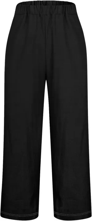 Women's Casual Loose Wide Leg Cozy Pants and Linen Long Pants High Waist Loose Capri Pants Trousers with Pockets