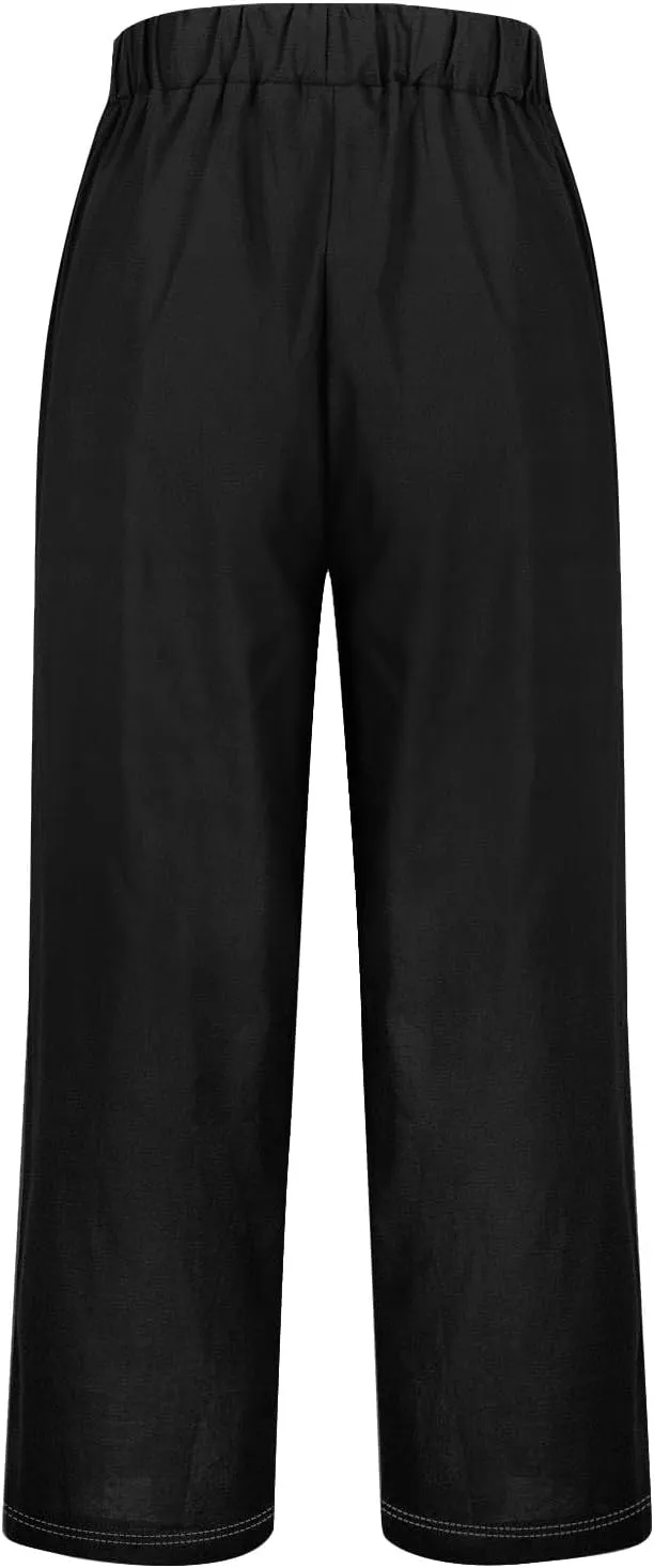 Women's Casual Loose Wide Leg Cozy Pants and Linen Long Pants High Waist Loose Capri Pants Trousers with Pockets