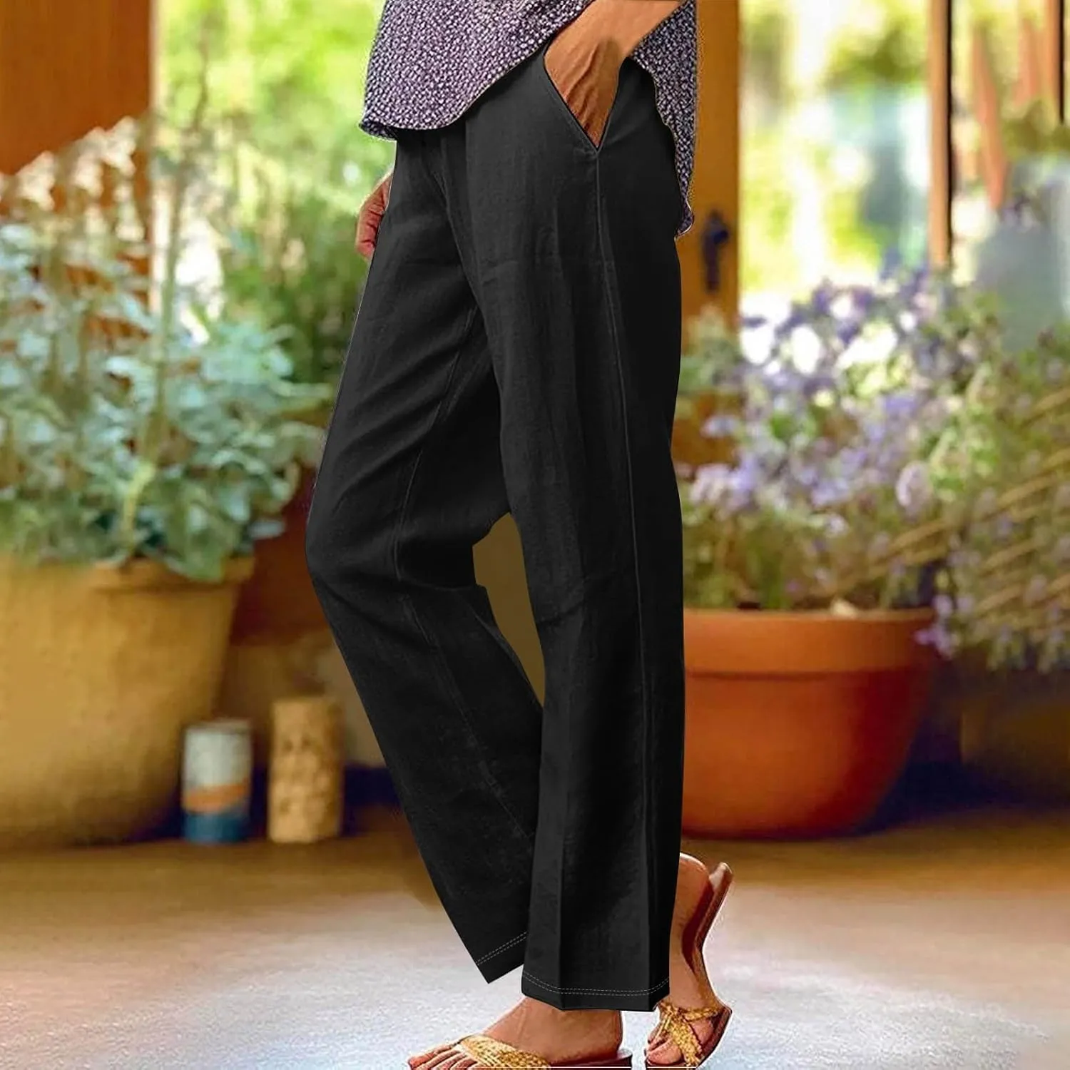 Women's Casual Loose Wide Leg Cozy Pants and Linen Long Pants High Waist Loose Capri Pants Trousers with Pockets
