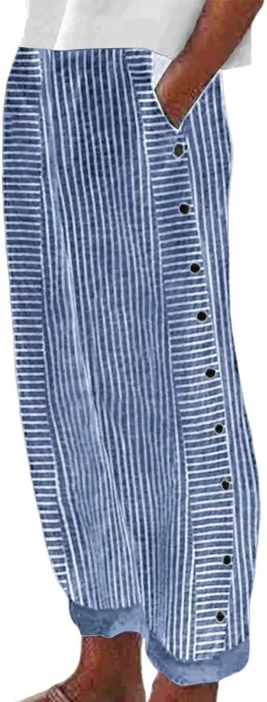 Women's Casual Pants Striped Side Button Pants Elastic Waist Summer Trendy Straight Leg Baggy Trousers with Pocket