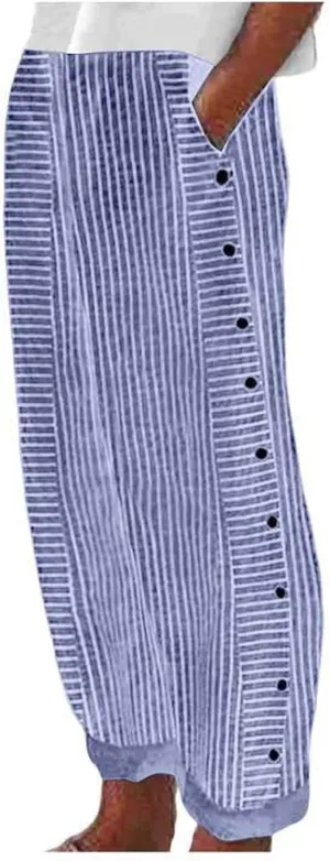 Women's Casual Pants Striped Side Button Pants Elastic Waist Summer Trendy Straight Leg Baggy Trousers with Pocket