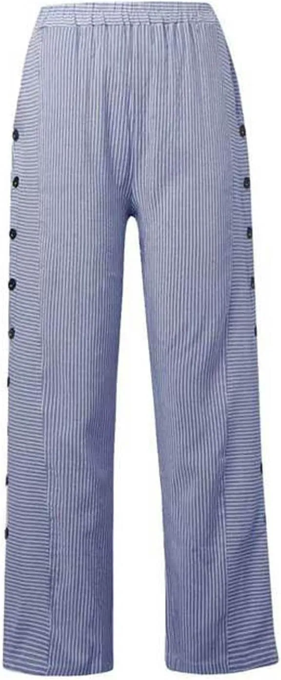Women's Casual Pants Striped Side Button Pants Elastic Waist Summer Trendy Straight Leg Baggy Trousers with Pocket