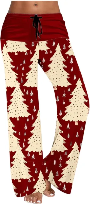 Womens Casual Wide Leg Long Casual Pant Trousers,Xmas Graphic Printed High Waist Trousers Loose Yoga Pants Casual Trousers
