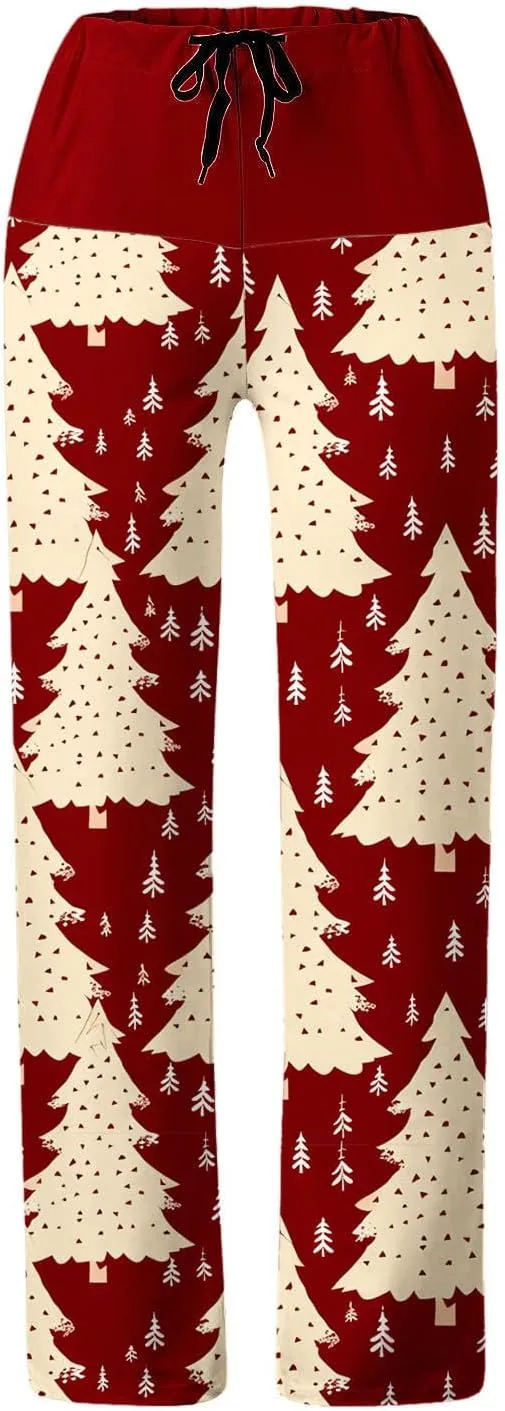 Womens Casual Wide Leg Long Casual Pant Trousers,Xmas Graphic Printed High Waist Trousers Loose Yoga Pants Casual Trousers
