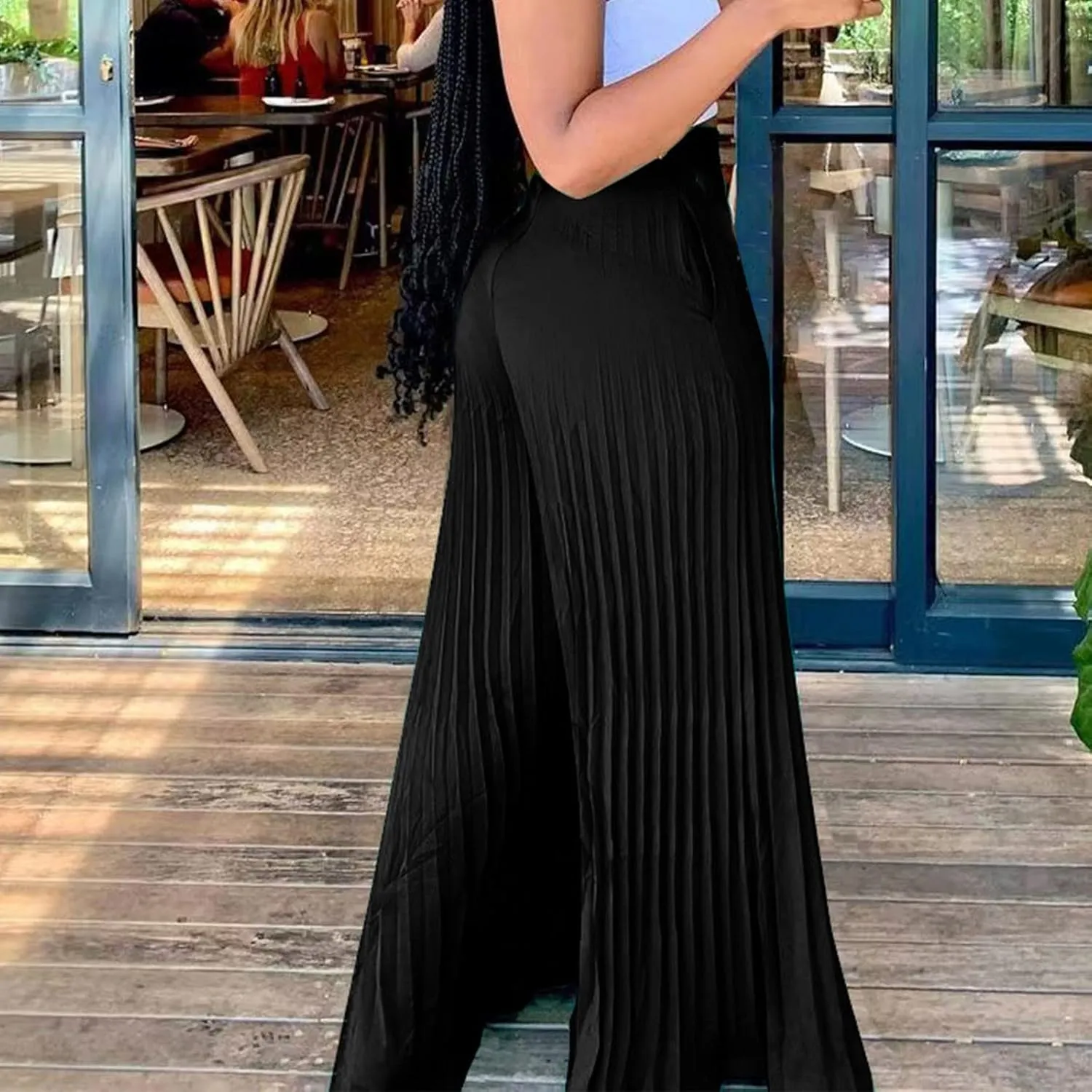 Women's Chiffon Wide Leg Pants High Elastic Waist Cropped Pants Fashion Casual Pleated Ruffle Hem Flowy Trousers