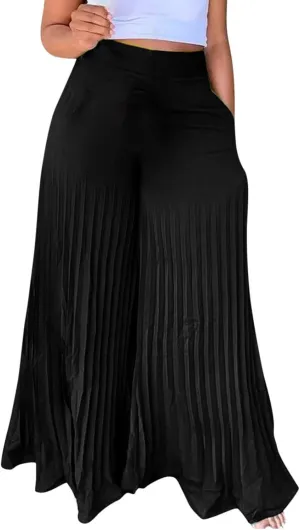 Women's Chiffon Wide Leg Pants High Elastic Waist Cropped Pants Fashion Casual Pleated Ruffle Hem Flowy Trousers