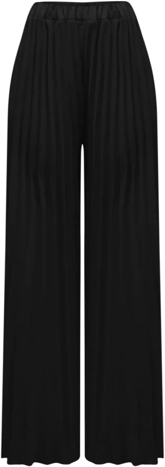 Women's Chiffon Wide Leg Pants High Elastic Waist Cropped Pants Fashion Casual Pleated Ruffle Hem Flowy Trousers