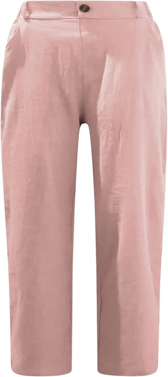 Women's Cotton Linen Capris Pants Casual Summer Elastic Waist Capri Pant Comfy Lounge Cropped Trousers Beach Clothes