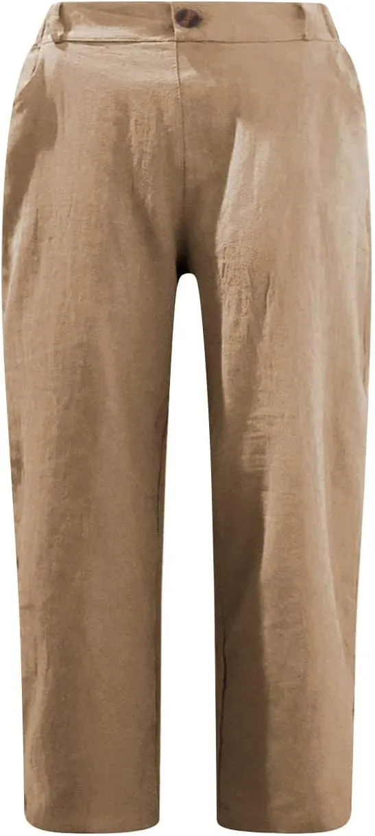 Women's Cotton Linen Capris Pants Casual Summer Elastic Waist Capri Pant Comfy Lounge Cropped Trousers Beach Clothes