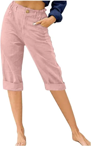 Women's Cotton Linen Capris Pants Casual Summer Elastic Waist Capri Pant Comfy Lounge Cropped Trousers Beach Clothes