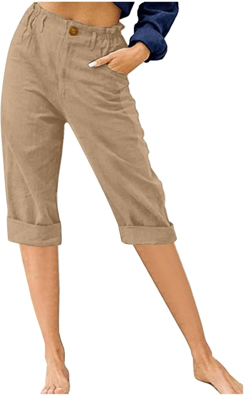 Women's Cotton Linen Capris Pants Casual Summer Elastic Waist Capri Pant Comfy Lounge Cropped Trousers Beach Clothes