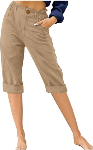 Women's Cotton Linen Capris Pants Casual Summer Elastic Waist Capri Pant Comfy Lounge Cropped Trousers Beach Clothes