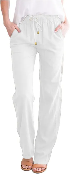 Womens Cotton Linen Casual Pants Straight Leg Drawstring Elastic High Waist Loose Comfy Palazzo Trousers with Pockets